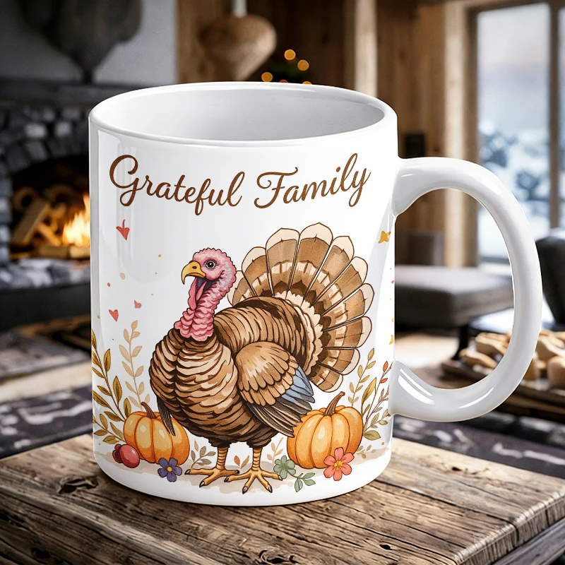 

11 oz Turkey Pumpkin Handle Ceramic Mug, Full-Print Pattern Coffee Cup, Insulated Milk Cup, Office Water Cup, Fade-Resistant