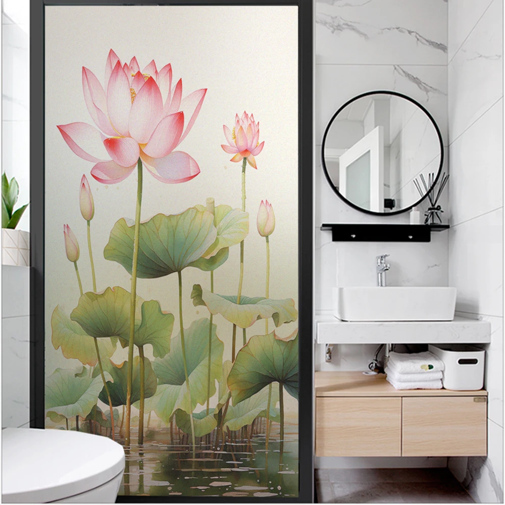 Window Privacy Film UV Blocking Heat Control Window Covering Static Cling Lotus Pattern Window Sticker for Decoration