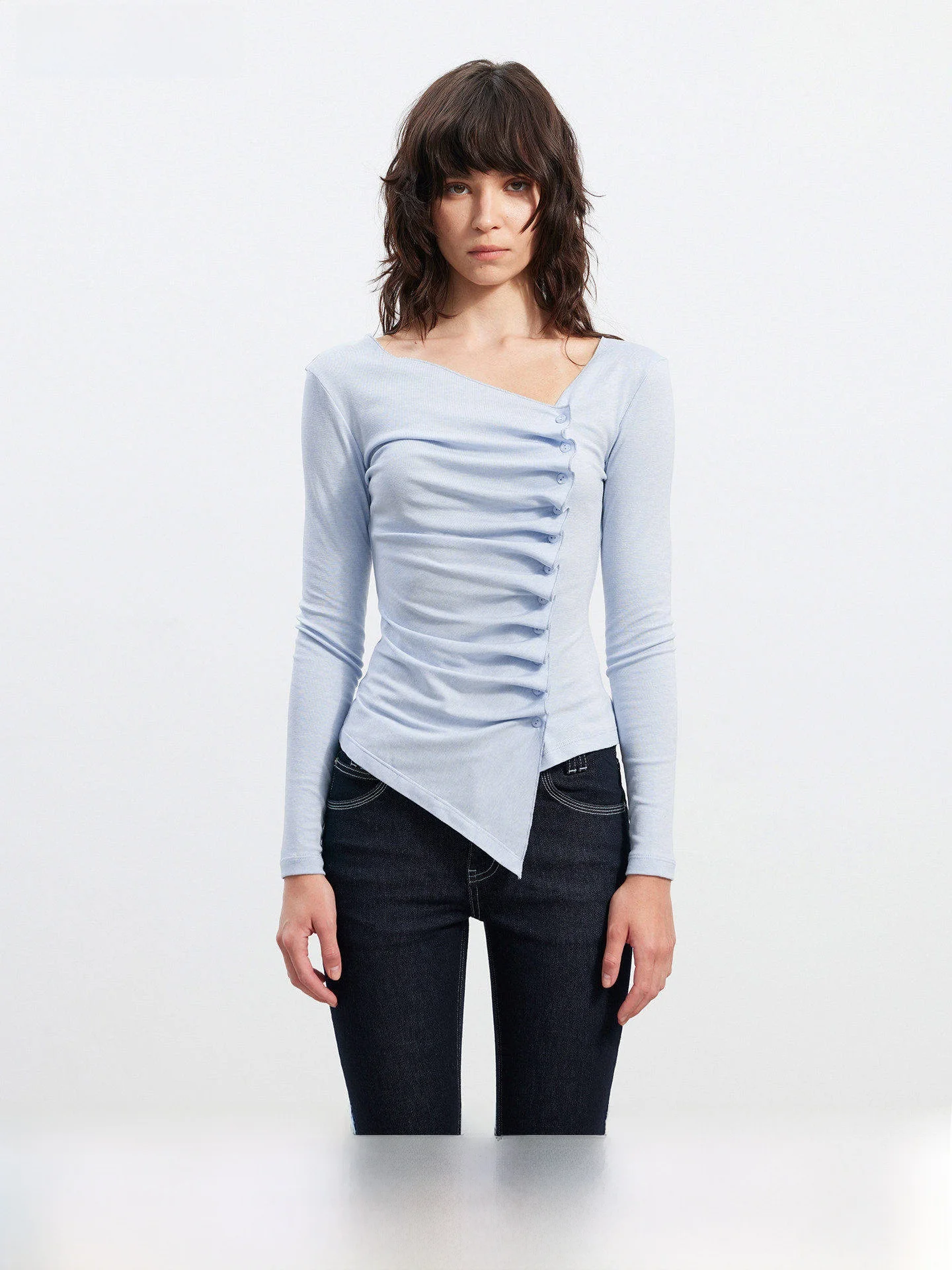 

AFTADAWN Skin-friendly Long Sleeve T-shirt Asymmetric Hem Side Buttoned Casual Comfortable Women's Top Ruche Detail