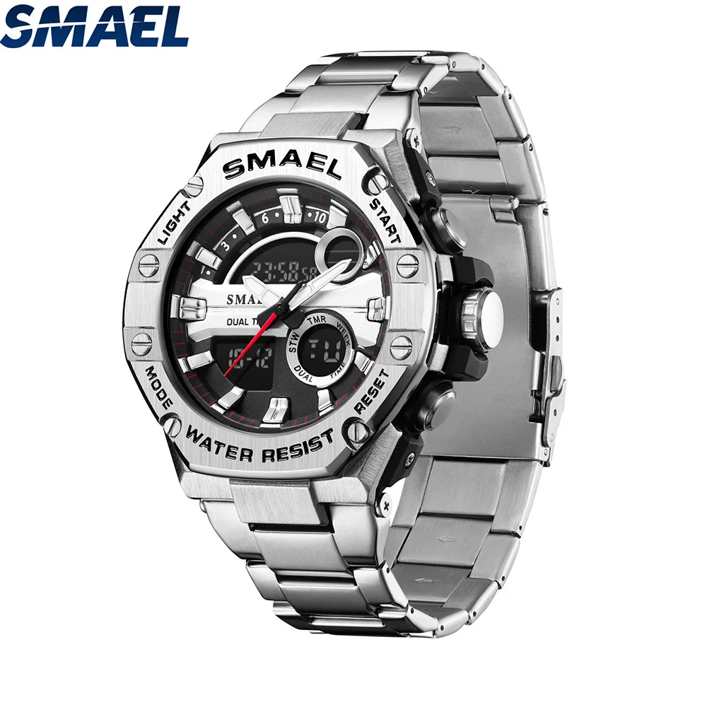 SMAEL-reloj despertador para hombre, pulsera electrónica multifuncional de aleación de acero, con doble pantalla, resistente al agua, 8090