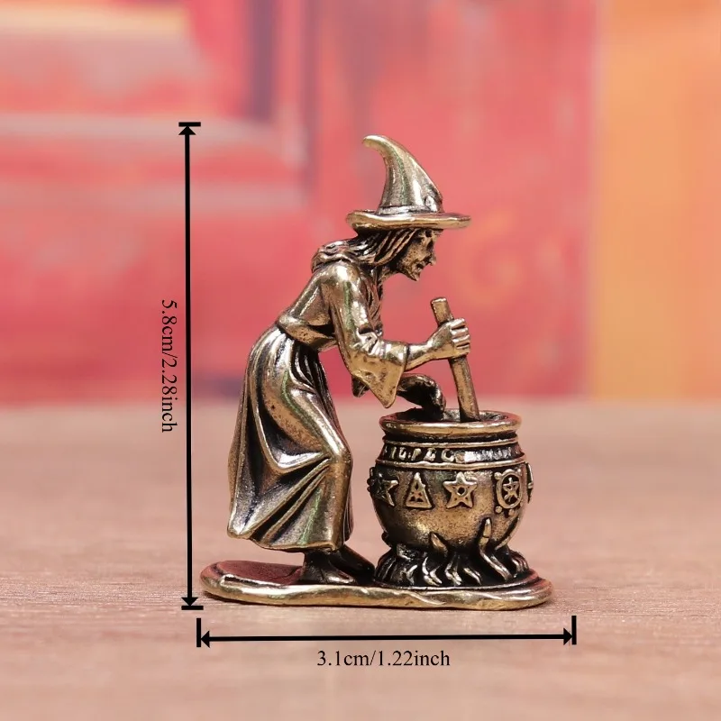 Vintage Brass Witch Figurine, Witch Stirring Cauldron Statue, Desktop Tea Pet Ornament, Creative Craft Collectible Decor Gift