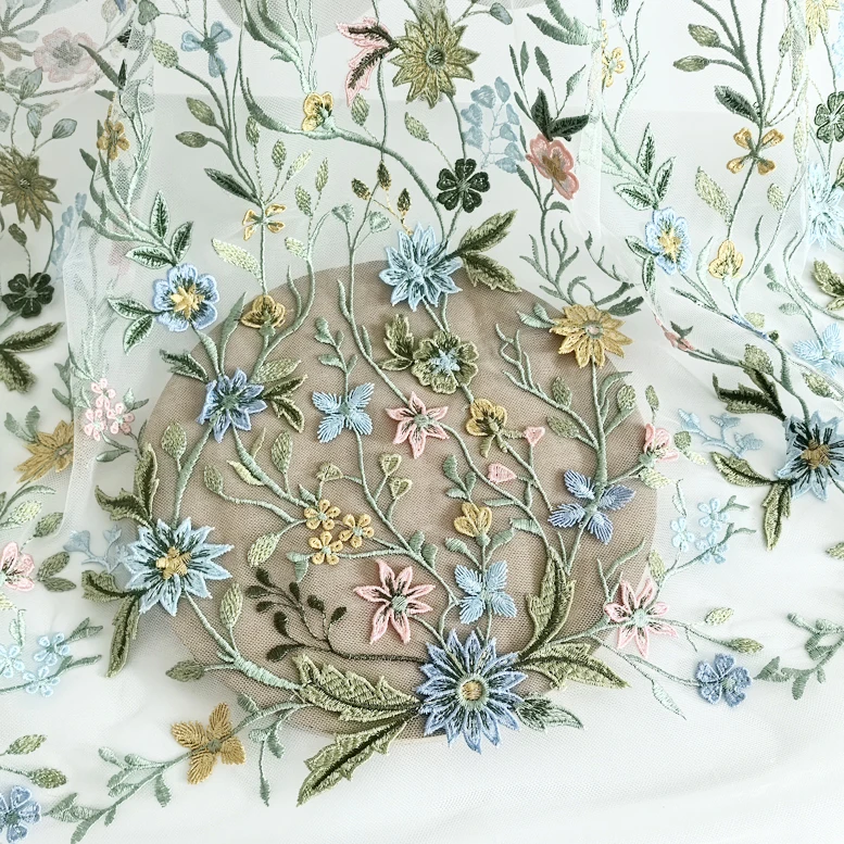 

High Quality Colorful 3D Flowers, Leaves, Mesh, Embroidered Lace Fabric, Handmade Wedding Dress, Cheongsam Accessories