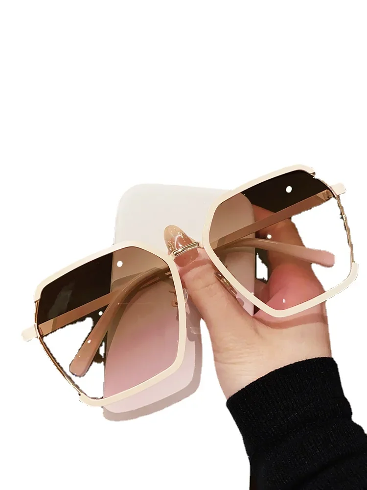 Yy Metal Semi-Rimless Sunglasses Women's round Face Street Shot Uv Protection Travel Sunglasses