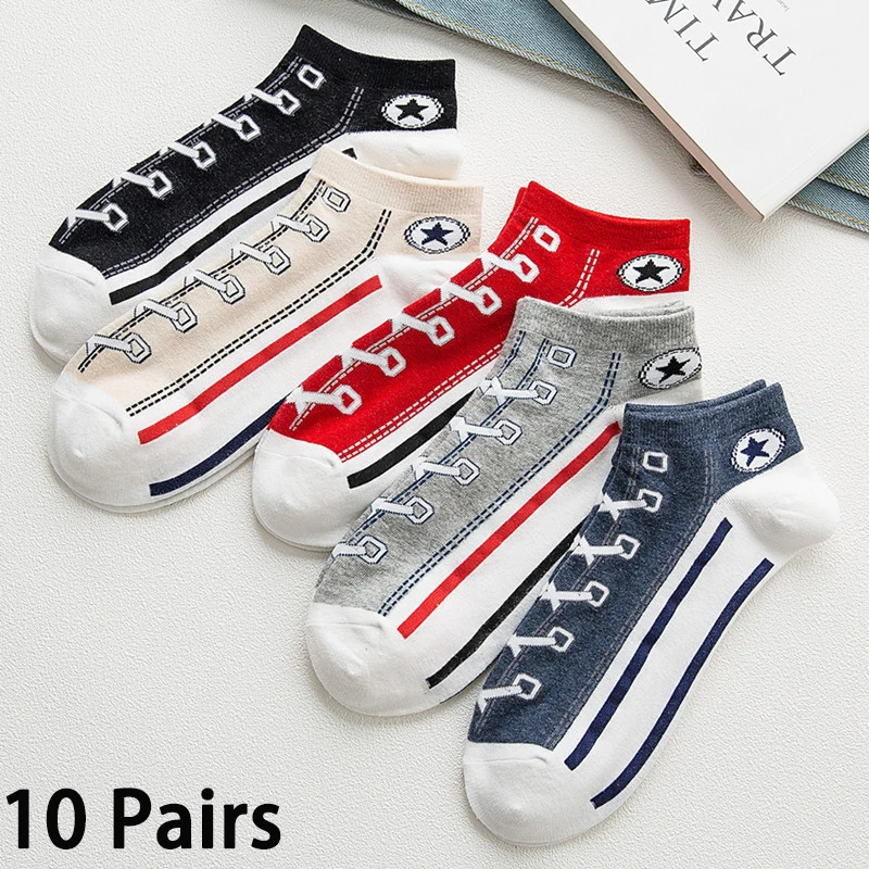 10 Pairs Men\'s Cotton Socks Casual Sports Boat Socks College Style Couple Canvas Short Socks