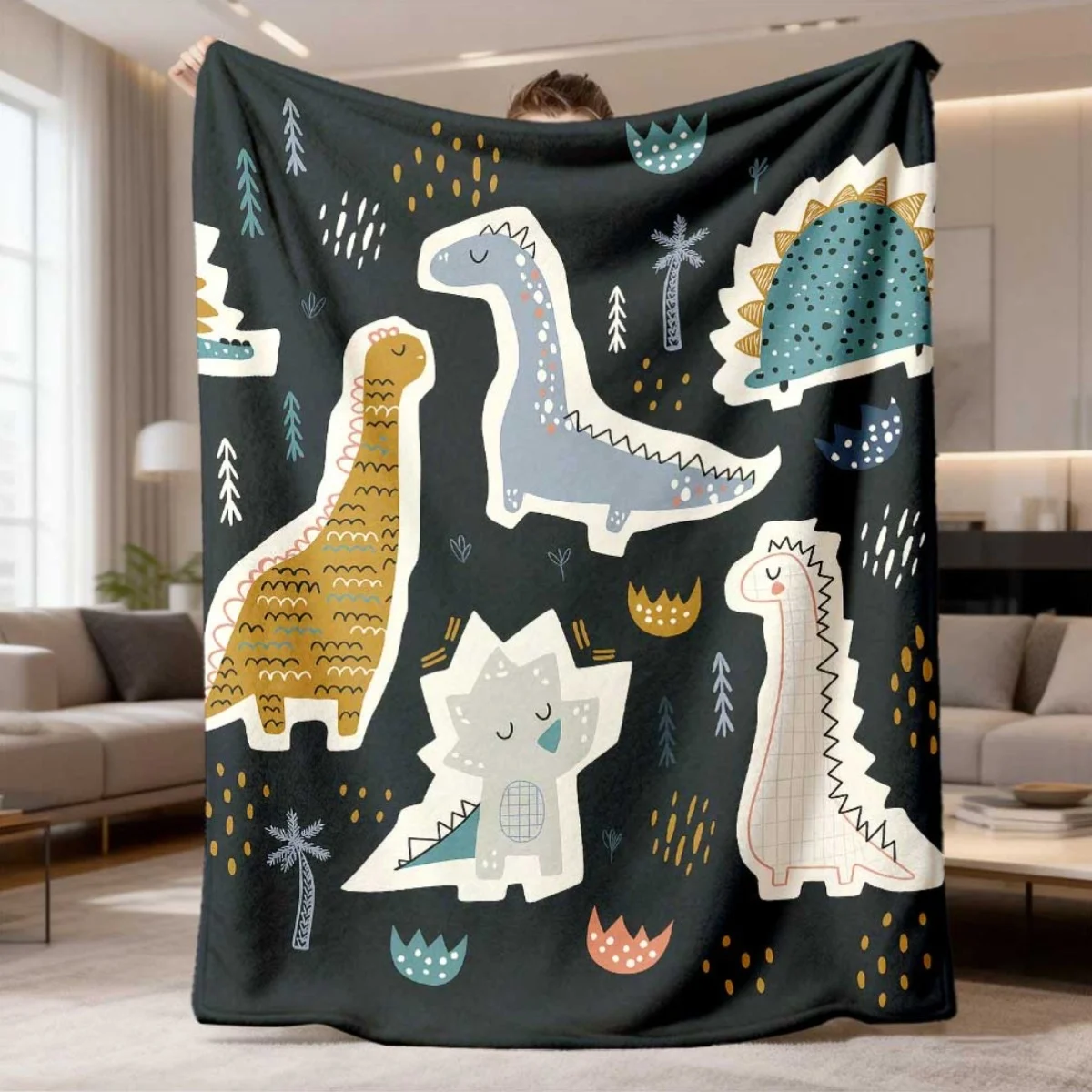 Decorative Dinosaur Jungle Print Throw Blanket for Kids Nursery Room Decor Bedspread 150x200cm