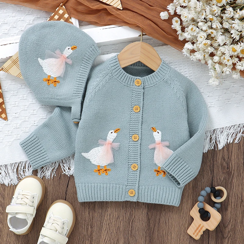 Baby Sweater Hat Knit Infant Boy Girl Cardigan Bonnet Cute Goose Toddler Children Clothes Set 2PCS Newborn Tops Long Sleeve Fall