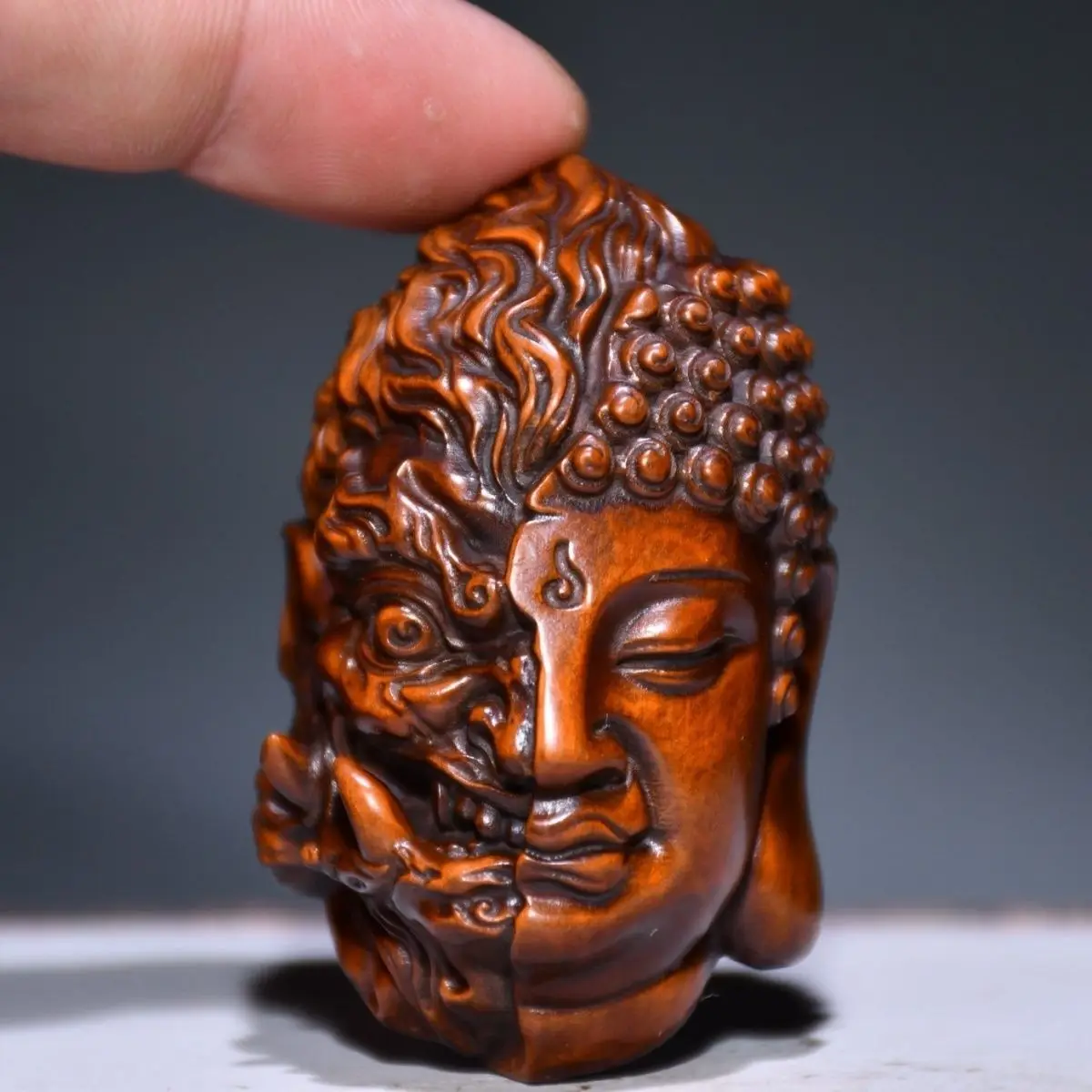 Hand Carved Wood Devil buddha head Statue Figurine Desktop Ornaments Home Decoration Crafts Tea Pet Decor