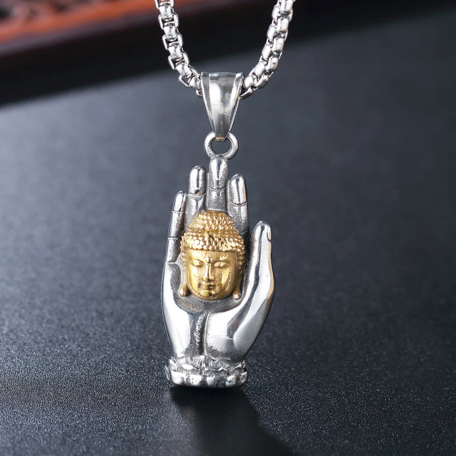 Stainless Steel Titanium Buddha Palm Buddhism Vintage Boho Punk Hip Hop Pendant Collar Chains Necklace for Men Women Gift