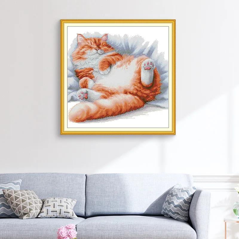 

Soulgift Stamped Pre-Printed Cross Stitch Kits, 9CT/11CT/14CT/16CT Fabric With DMC Threads, Easy To Follow - Sleeping Cat 2