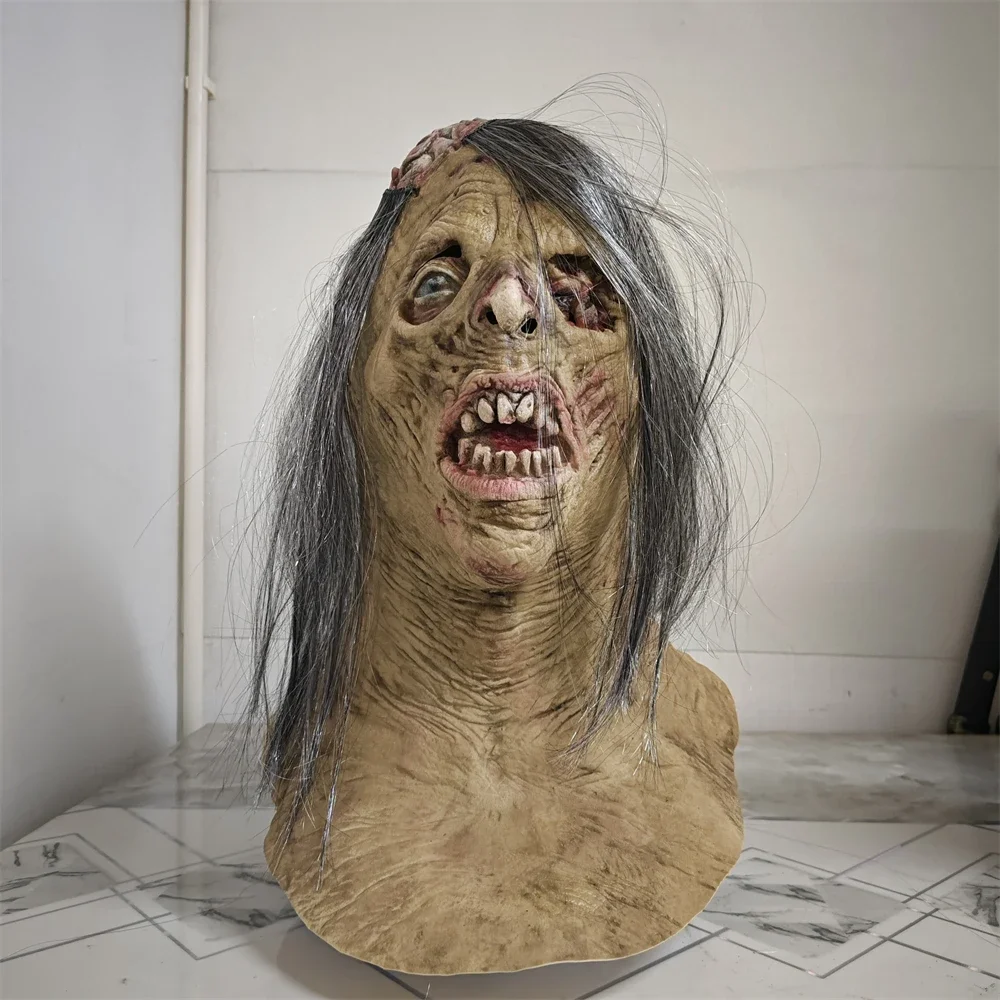 Máscara de zombis aterradora para Halloween, máscara realista de anciano, máscara de Horror Walking Dead para mujer, máscara de cabeza completa de zombi, accesorios de disfraz de terror para Cosplay