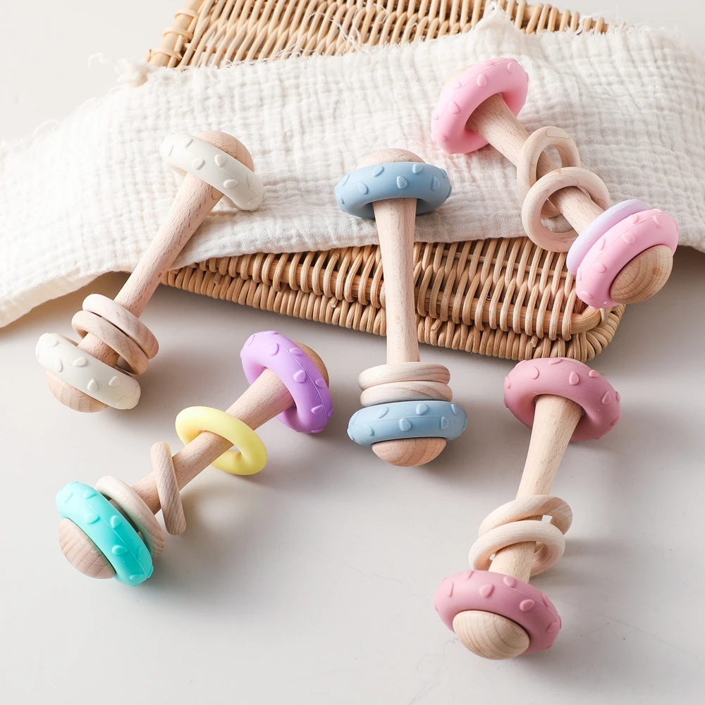 Juguetes para bebés sonajeros de madera anillo de silicona bebé 0 12 meses juguetes sonajeros mordedor juguetes sensoriales para bebé mordedor de madera para regalos de bebé