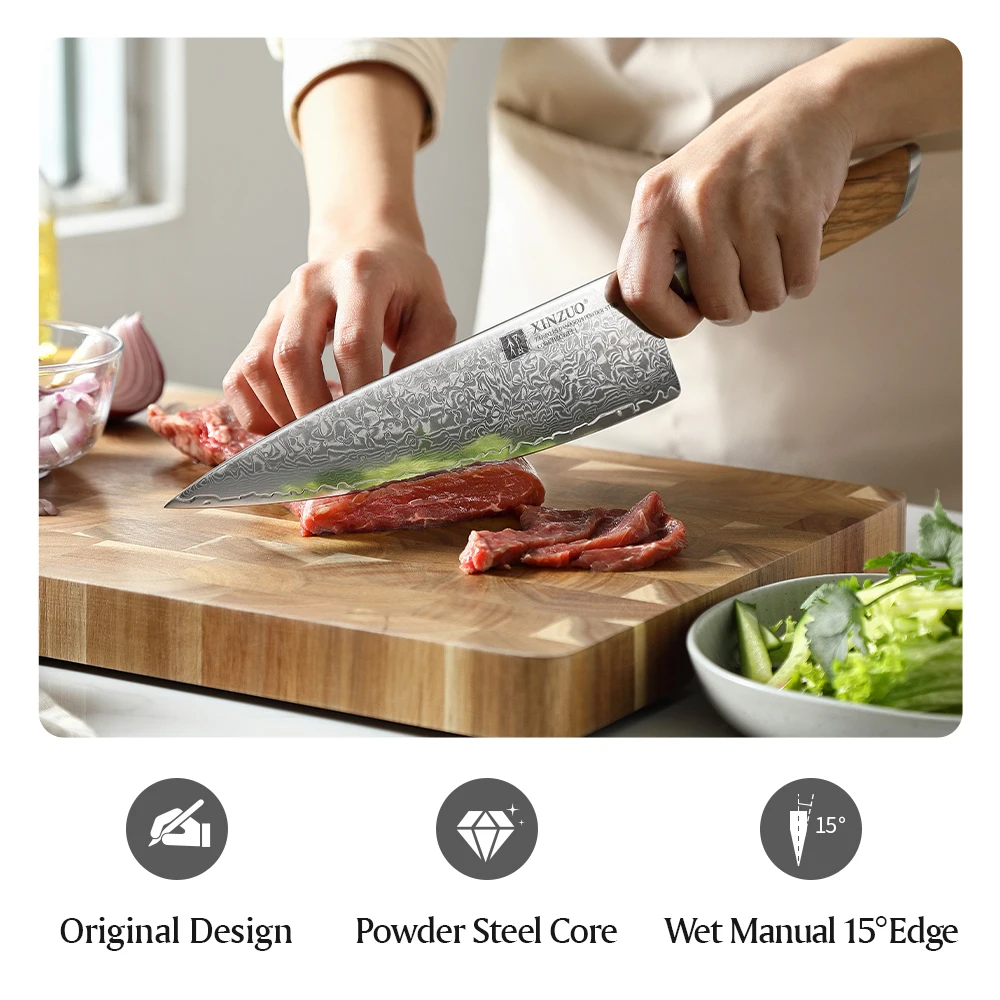 XINZUO 8.5\'\' Inch Chef Knife High Carbon 62-64 HRC Power Damascus Steel Professional Kitchen Knives Meat Tools with Olive Handle