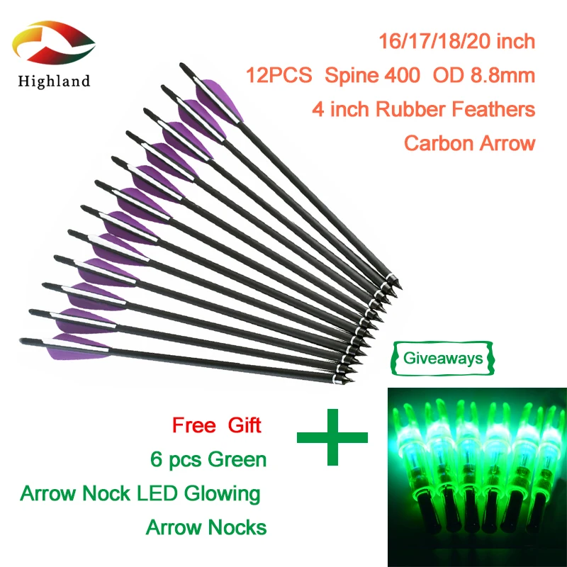 12pcs 18/20/22 Inch Od 8.8  Spine 400 4 Inch Rubber Feather Carbon Arrow Free  6pcs Green LED Arrow Nock  Arrowtail For Hunting