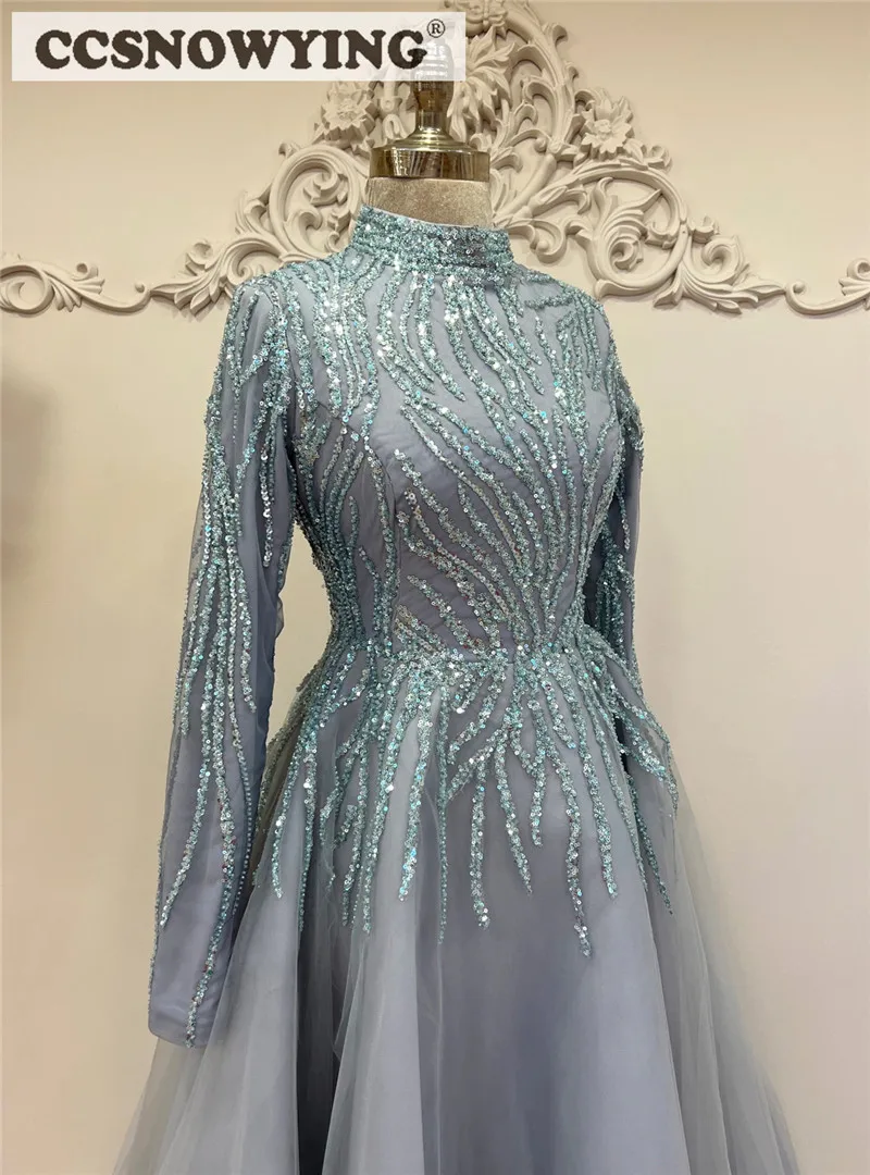 Dusty Blue Beaded Long Sleeve Muslim Evening Dresses High Neck Arabic Dubai Caftan Hijab Islamic Prom Dress Formal Party Gown