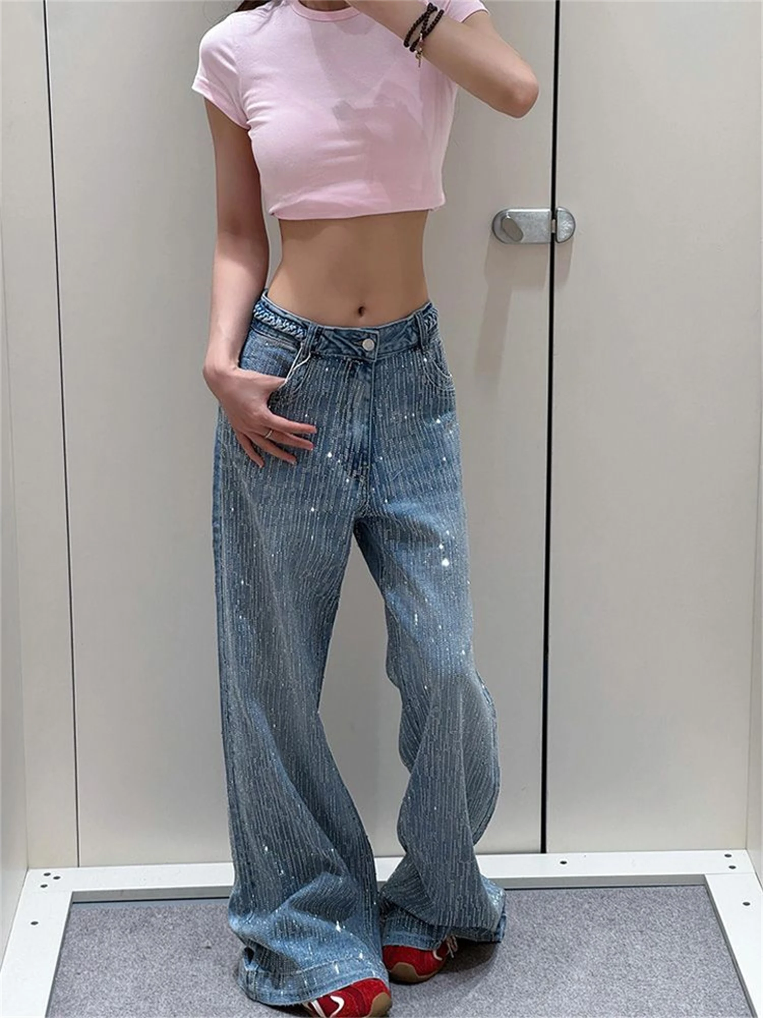 

Women's High Waist Wide Leg Blue Jeans Glitter Embellished Braided Waist Vintage Washed Y2K Streetwear Loose Denim Trousers