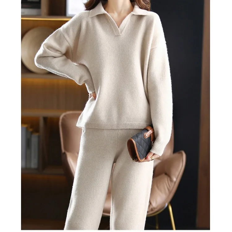 Fashion New Korean Sweater Set Women\'s Autumn Winter Knitted Polo Collar Pullover Wide Leg Pants  Two Piece s Outifit T709