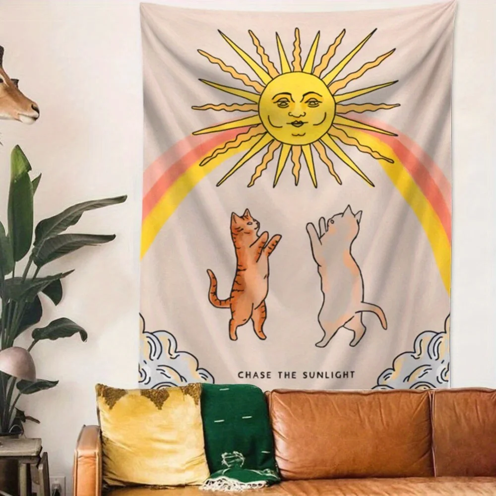 Chase The Sunlight Wandteppich mit Katzenmotiv, niedlicher Wandbehang im Boho-Stil für Schlafsaal, Schlafzimmer und Raumdekoration sowie ästhetische Gestaltung
