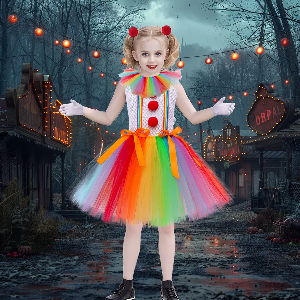 

Rainbow Clown Costumes for Girls Circus Clown Witch Halloween Tutu Dress for Kids Joker Outfit Children New Years Party Clothes