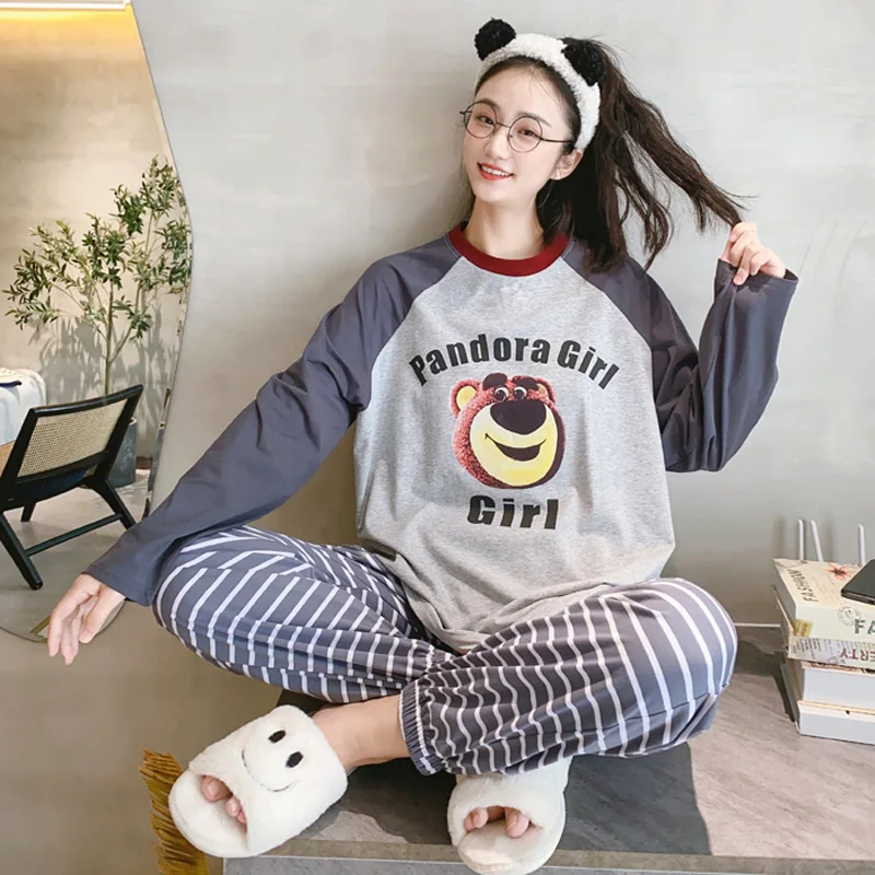 Disney strawberry bear autumn new pajamas female cute cartoon long-sleeved pure cotton casual wear round neck loungewear set