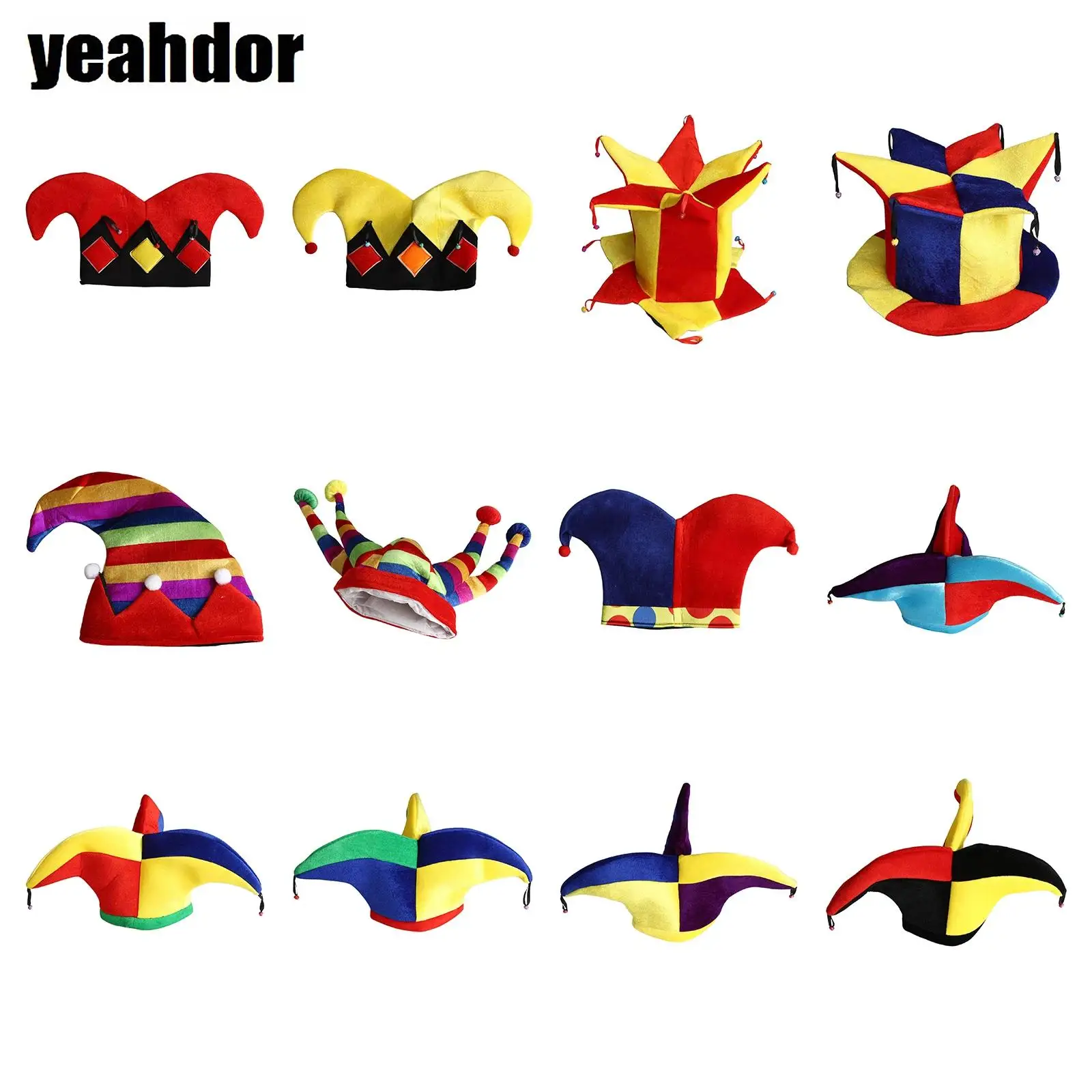 

Fancy Clown Hat Mardi Gras Hat Peaks Bells Jesters Hats Cap Adult Kids Masquerade Halloween Party Cosplay Costume Accessories