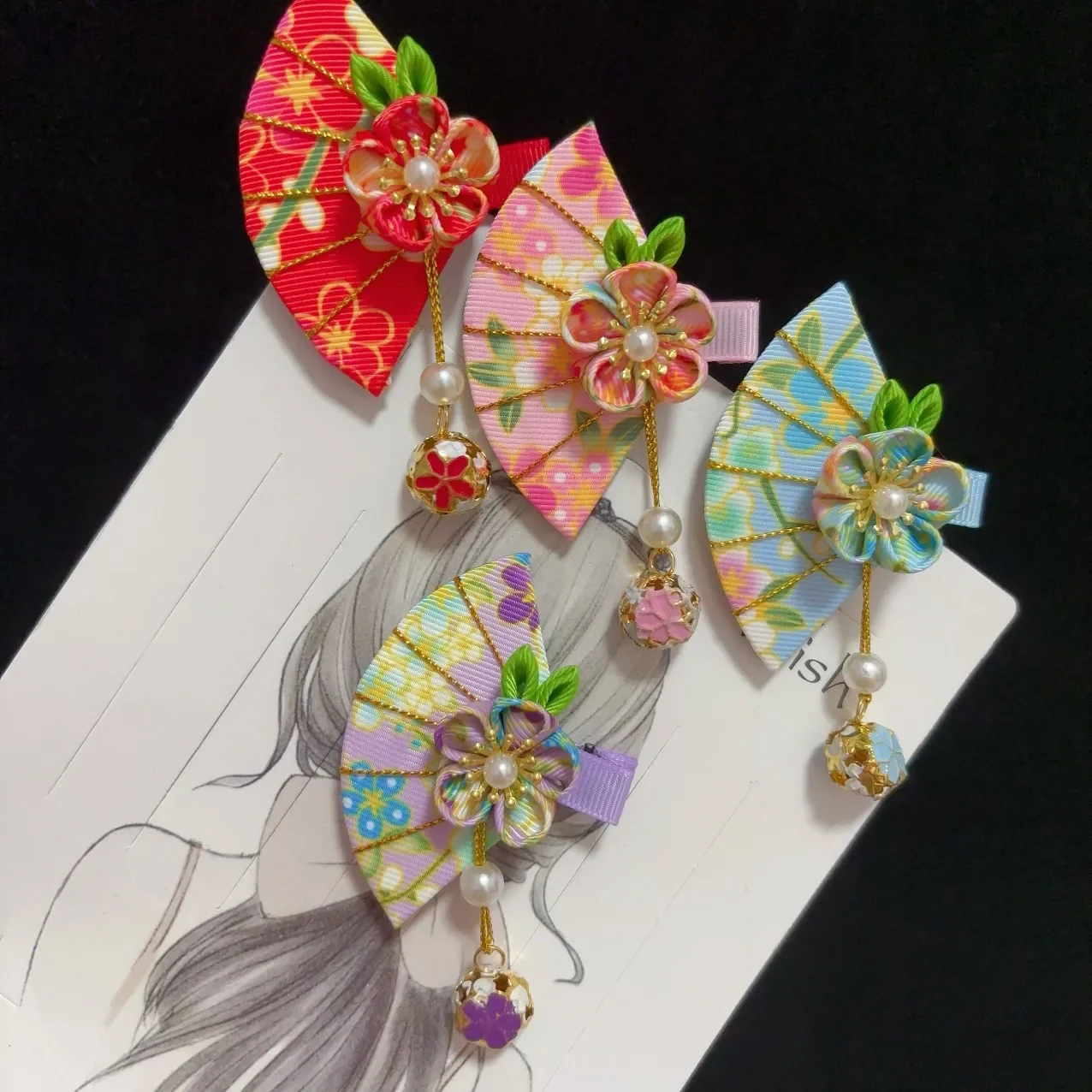Japanese Kimono Fabric Flower Folding Fan Children Hair Accessories Clip Tassel Headwear Headdress Barrette Yukata Festvial Deco