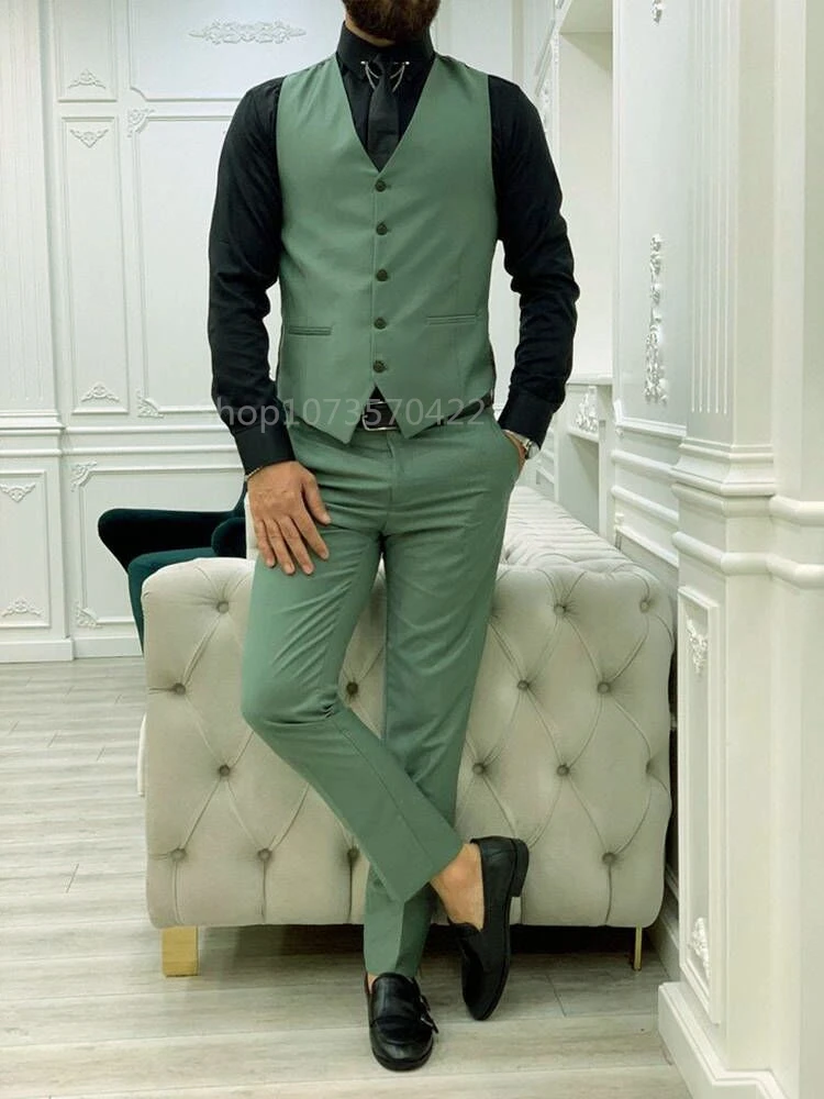 Mocha Green Men\'s Suits One Button Slim Fit 3 Pieces Wedding Prom Party Suit Jacket Vest Trousers Formal Tuxeods for Business