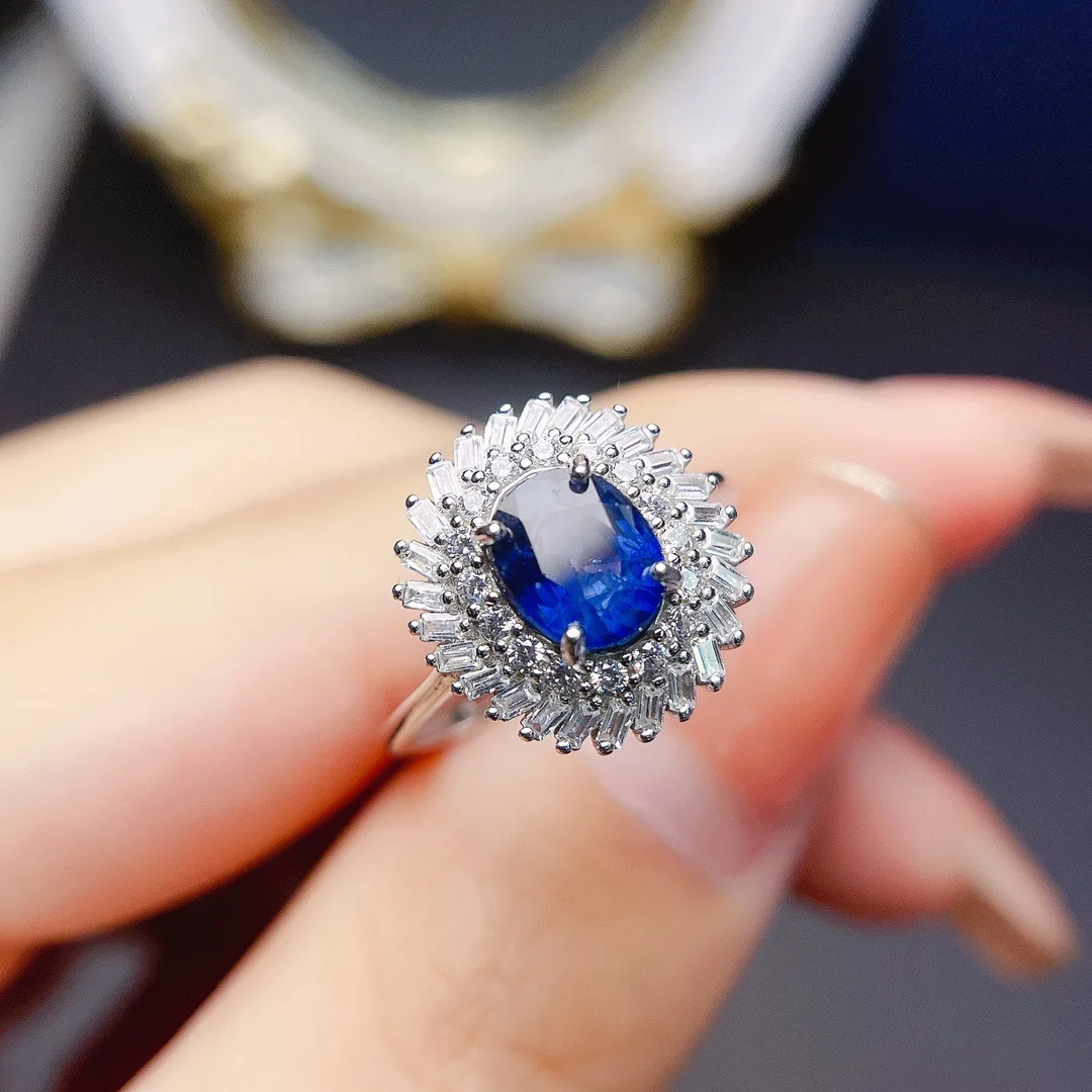 S925 Silver Natural Sapphire Ring,6*8mm Pear Gem Tapered Zircon Halo Adjustable Women Statement Ring