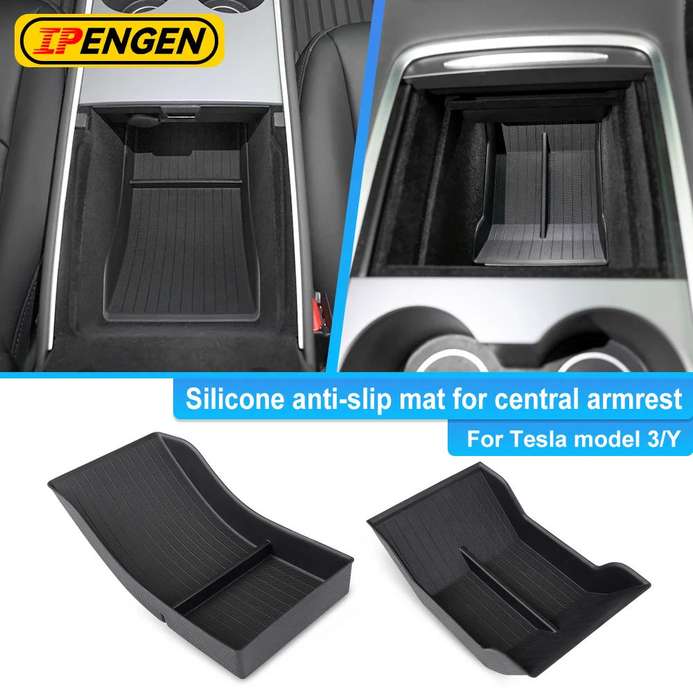 IPENGEN For Tesla Model 3 Model Y 2024 Center Console Storage Case Armrest Storage Box Lower Bottom Silicone Anti-slip Mat