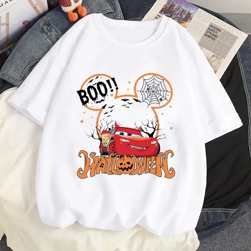 Camiseta con estampado de coche Pixar Lightning McQueen 95, camisetas gráficas de calabaza de Halloween, camisetas informales con cuello redondo para mujer de verano