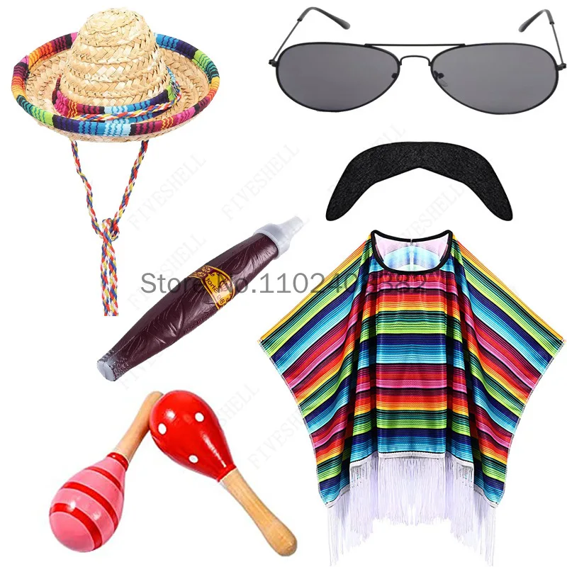 Mexican Shawl Halloween Cloak Cosplay Prom Party Festival Mexican Hat Sunglasses Smoke Pipe Adult Children\'s Stripe Cloak 6-PCS