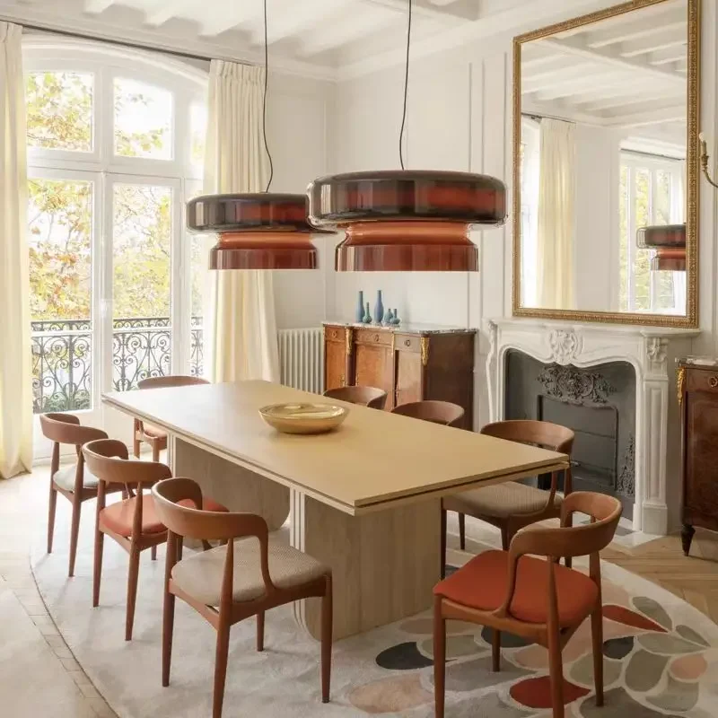

LED Dining Room Colored Glass Pendant Light Simple Modern Bedroom Ceiling Hanging Lamps Nordic Annular Chandeliers Lamps