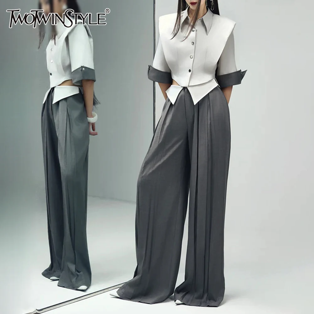 

TWOTWINSTYLE Hit Color Модные комплекты из двух предметов для женщин с лацканами и половиной рукава, ажурный топ с высокой талией, широкие брюки, женский новый комплект