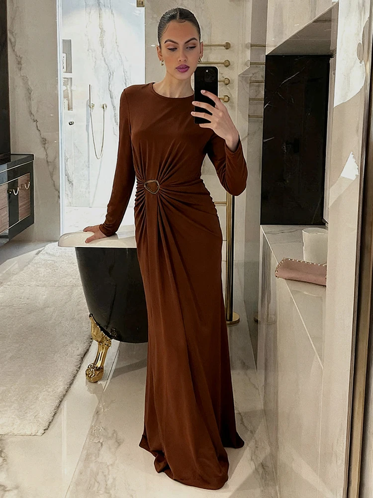 Kliou カジュアルエレガントドレス レディース 秋トレンド Oネック 長袖 メタルバックル装飾 ミッドナイトプロムパーティー ラッフルロング ボディコン