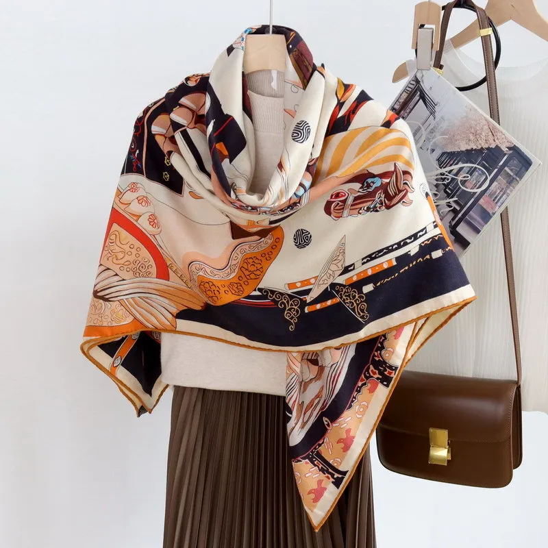 Bufanda con estampado de caballo de lujo para mujer, chales grandes, Poncho, bordes enrollados a mano, Pashmina estola, accesorios de invierno,