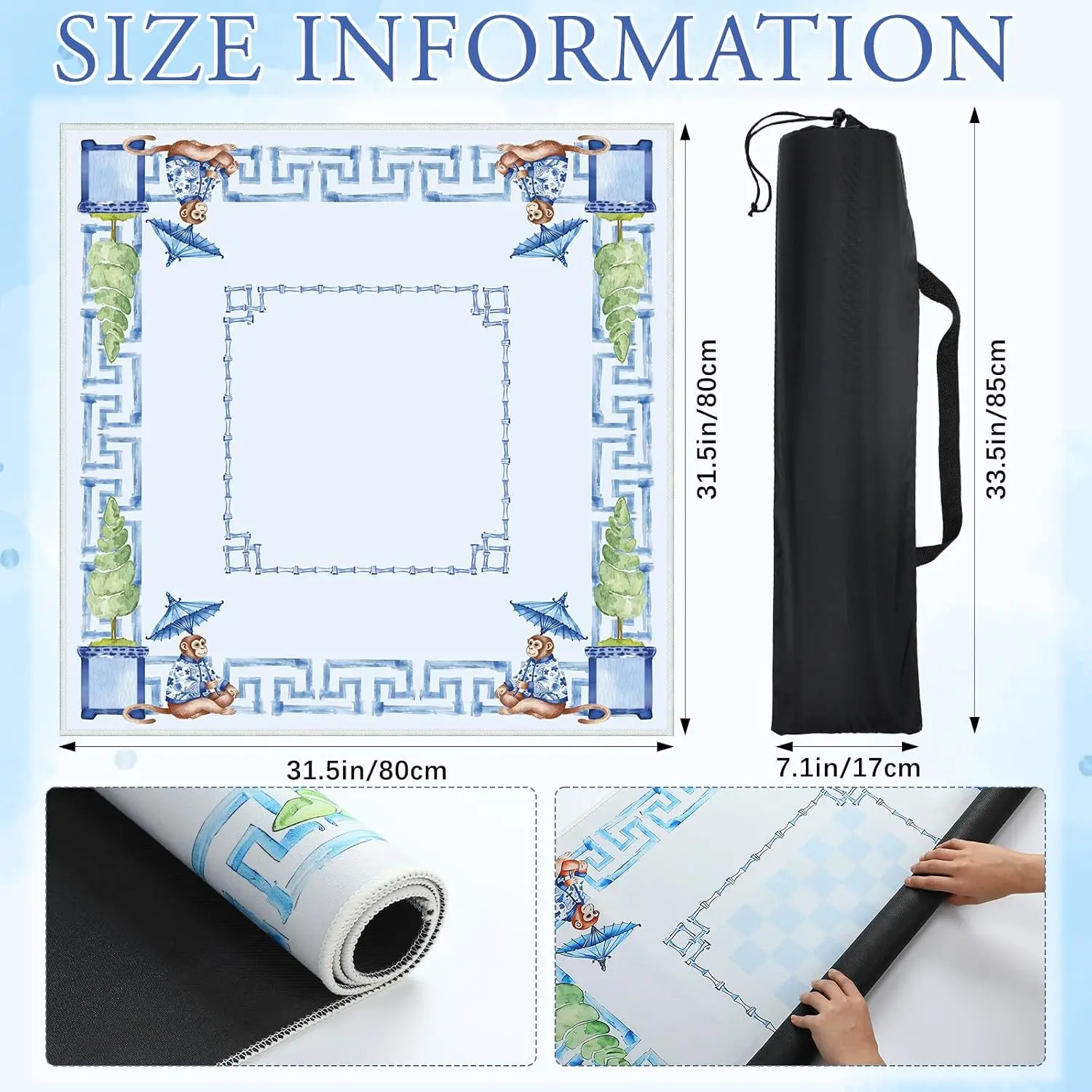 Blue Monkey Chinoiserie Mahjong Mat 31.5 with Carrying Bag Non‑Slip Noise‑Reducing Gaming Table Cover for American Mahjong Poker