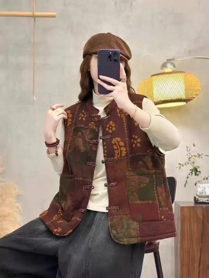 سترة نسائية سميكة من القطن والكتان للخريف والشتاء، تصميم فني عتيق مع أزرار، سترة قطنية دافئة
