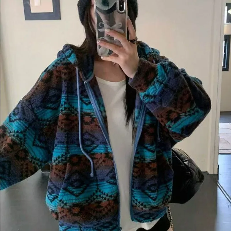 

Tops Jackets Sweatshirts Cardigans Women's Autumn/Winter Reversible Fleece-lined Contrast-coloured Checked Hooded Comfortable