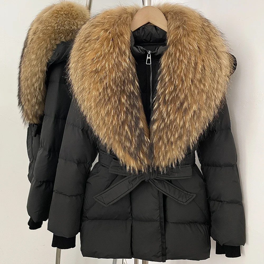 OFTBUY Große Jacke mit Kapuze und natürlichem Pelzkragen, mit echtem Fell, dicker Gürtel, Reißverschluss, Daunenjacke, Damen-Wintermantel – Detail 8