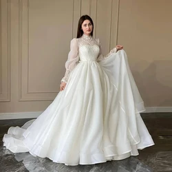 Gorgeous High Collar Elegant A Line Wedding Dress Lace Puff Long Sleeves High Neck Korea Wedding Bridal Gowns Robe Customized