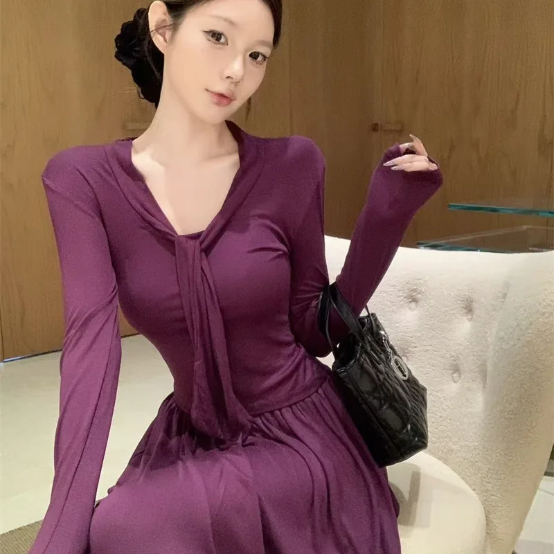 

Ele V-Ne Long Sve T-irt Skirt Set Women's Faion Autumn Collection Pure Desire Sle with Sa Office Commute Ready