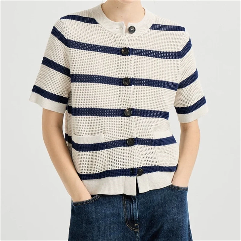 Summer 2026 Women's round Neck Striped Hollow Short Sleeve T-Shirt High-Quality Fashion Casual Single Button Knitted Cardigan