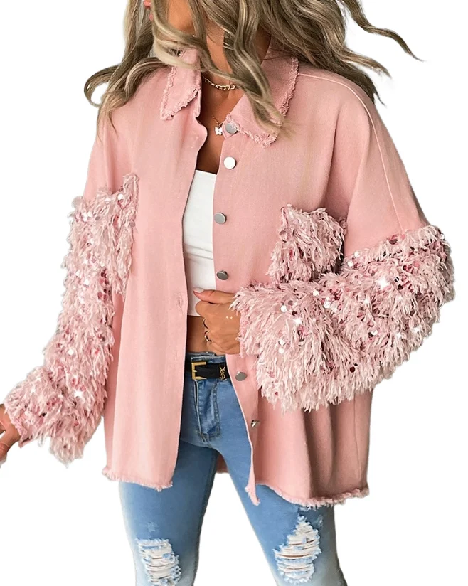 Streetwear Women\'s Denim Jacket 2023 Winter New Fashion Casual Polo Contrast Sequin Tassel Design Fuzzy Patchwork Shaket Y2K