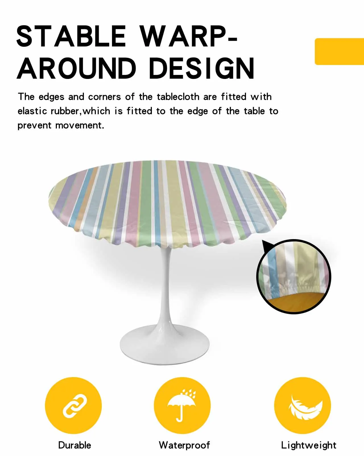 Hand Drawn Multi-Color Lines Round Elastic Edged Table Cover Protector Cloth Waterproof Rectangle Fitted Tablecloth