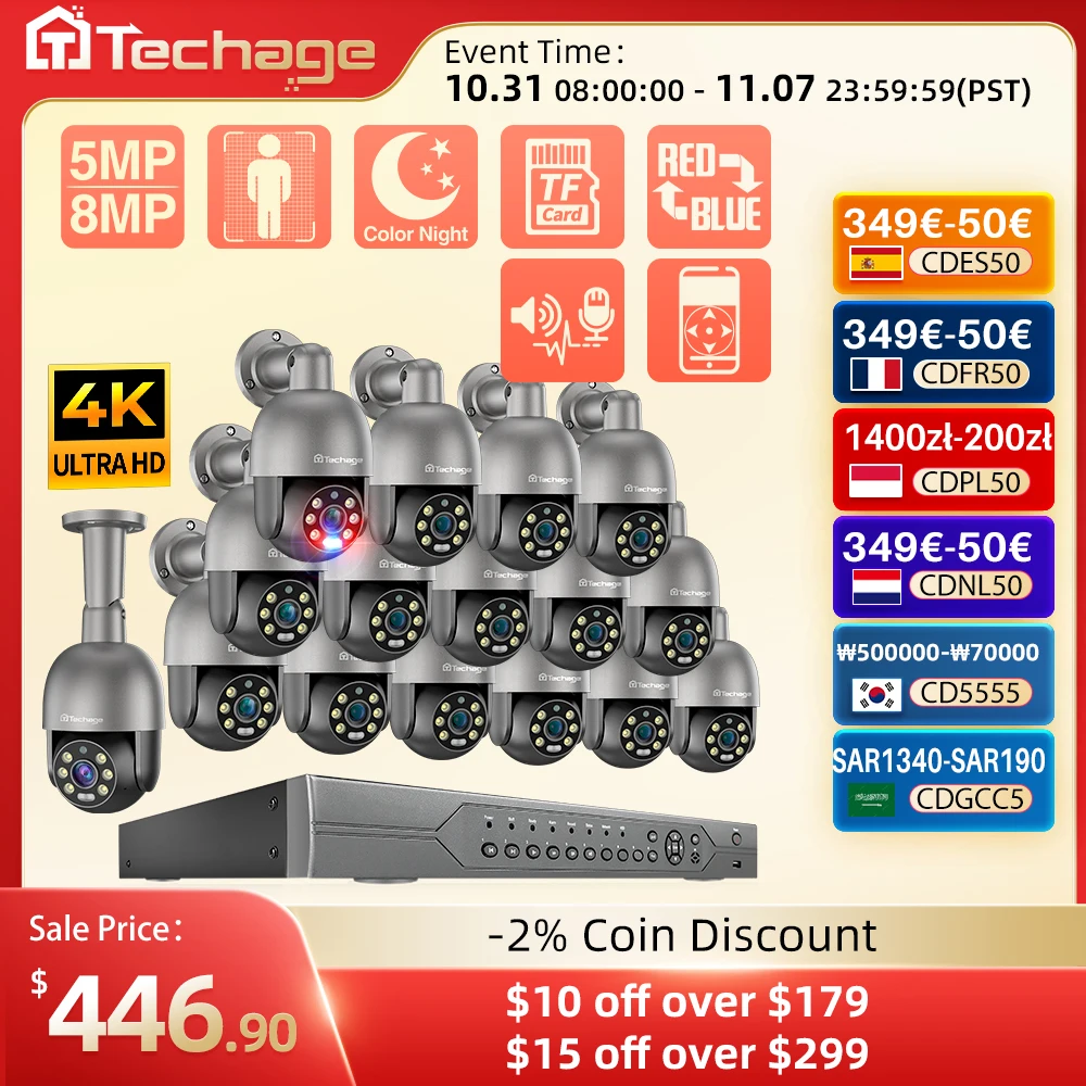 

Techage 16CH 5MP 8MP PTZ AI POE Security IP Camera System H.265 4K CCTV Video Surveillance NVR Kit Two Way Audio Outdoor ONVIF