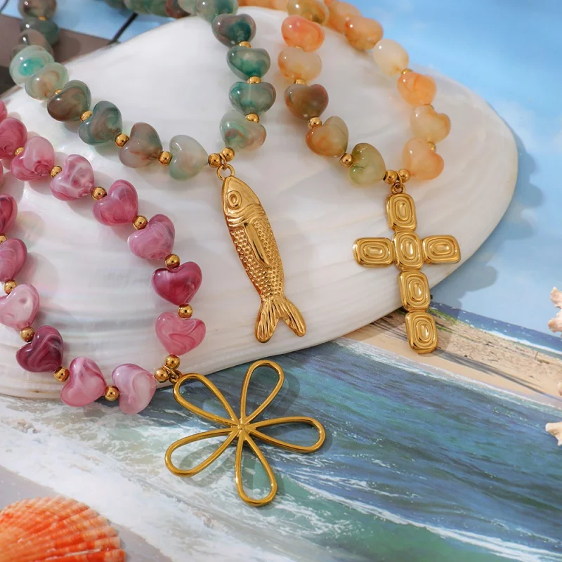 Titanium Steel Necklace with Cross, Flower, Glass Heart, and Beads