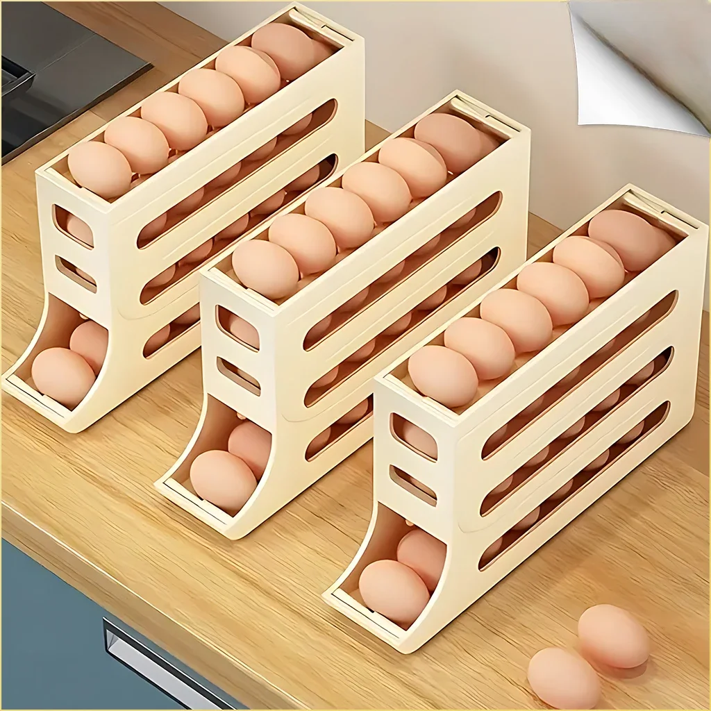 

Slide Egg Carton Refrigerator Storage Box Four Tier Automatic Roller Drop Proof Egg Storage Box Basket Food Container