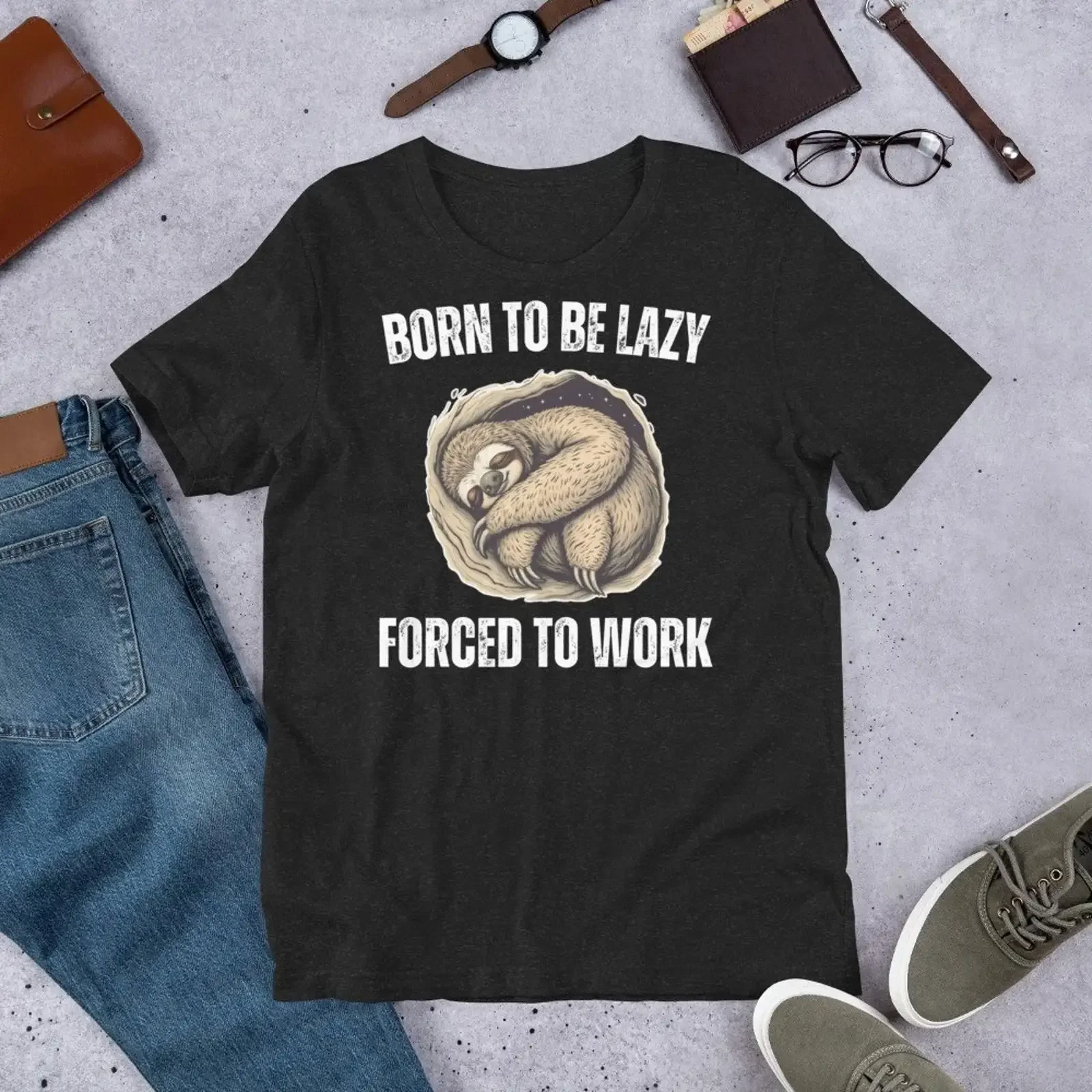 T-Shirt „Born to be Lazy“ – Lustiges Zwangsarbeit-Design, Faultier-Humor, Mitarbeiter-Vintage-Stil, gewaschen, leicht dehnbar, bequem für Herren