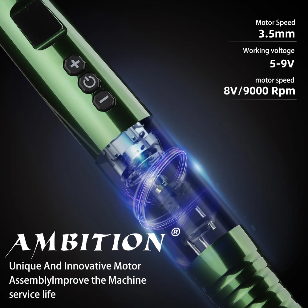 Ambition-máquina de tatuaje con batería inalámbrica, pluma para maquillaje permanente, cejas, labios, ojos, vello, potente Motor sin núcleo, carga