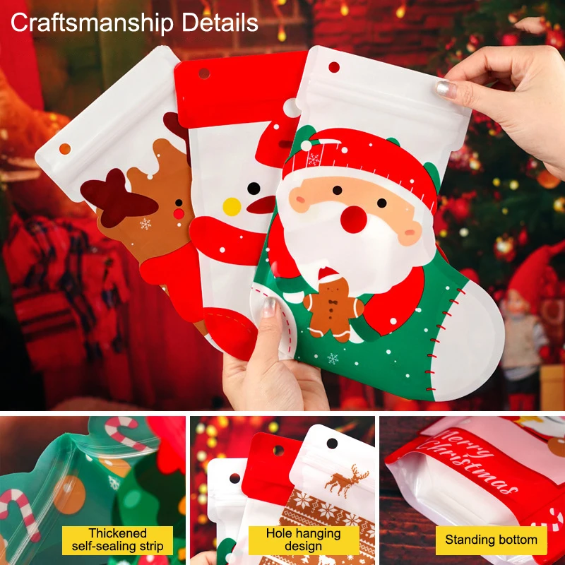 

10PCS New Year Plastic Flower Zipper Packaging Bag DIY Christmas Elk Kids Toys Sugar Socks Candy Snack Gift Storage Pouches