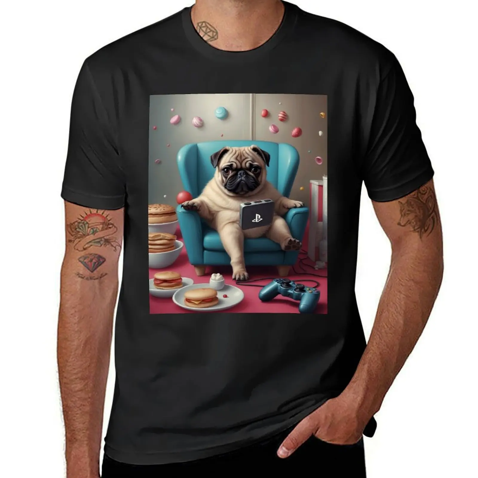 Camiseta gráfica de anime masculina, Pug, Gamer, Sublime